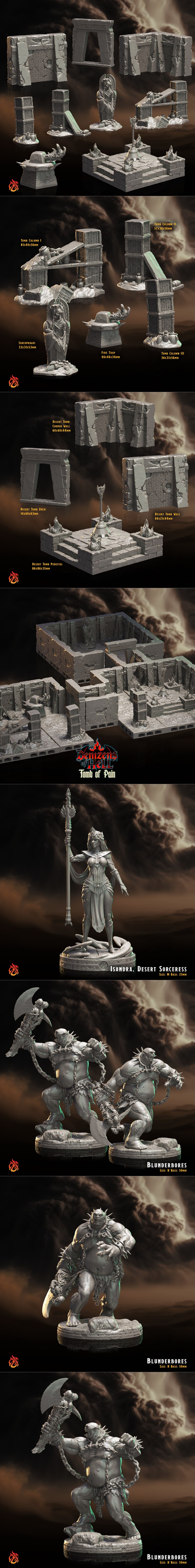 Collection of fantasy miniatures: a large central demon, hulking brutes with weapons, agile cat-like figures with whi...