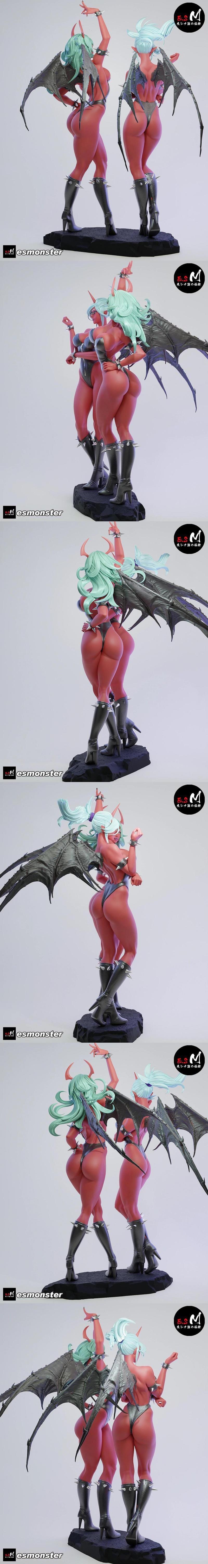 Two stylized succubus figures, Kneesocks and Scanty, with red skin, wings, and bunny ears, wearing silver leotards an...