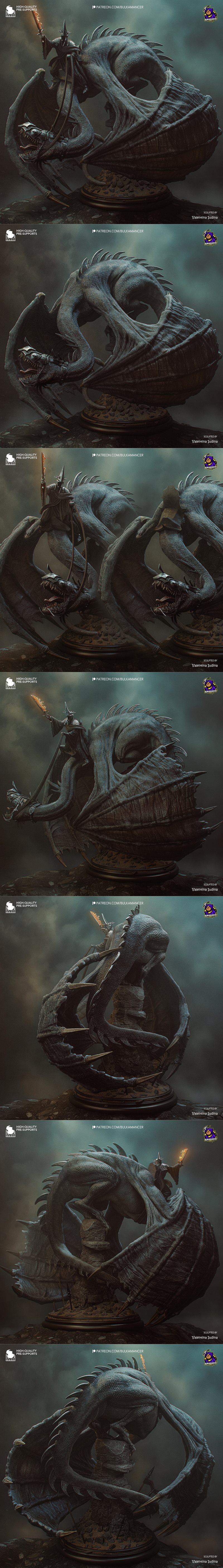 Witch-King of Angmar riding a dragon, holding a flaming sword aloft. The figure wears dark armor and a spiked crown....
