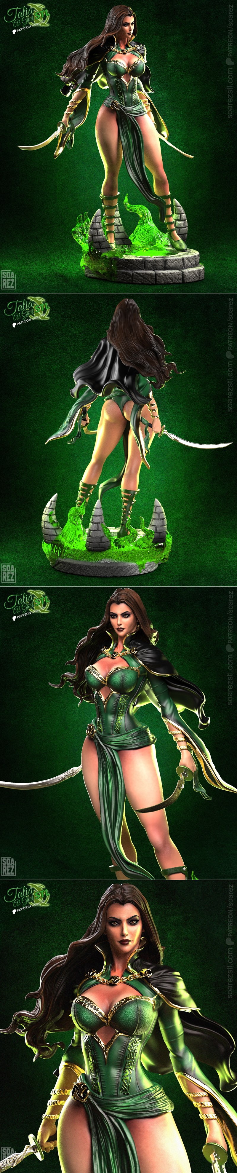 Talia Al Ghul 3D model by Soarez 3D, standing on a stone base with green mystical effects, holding two swords, wearin...