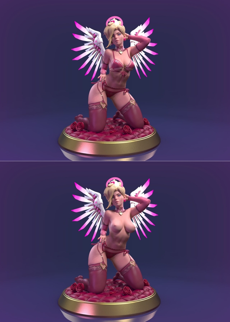 Mercy from Overwatch in revealing lingerie, kneeling on a rose-covered cushion with large pink and white wings spread.