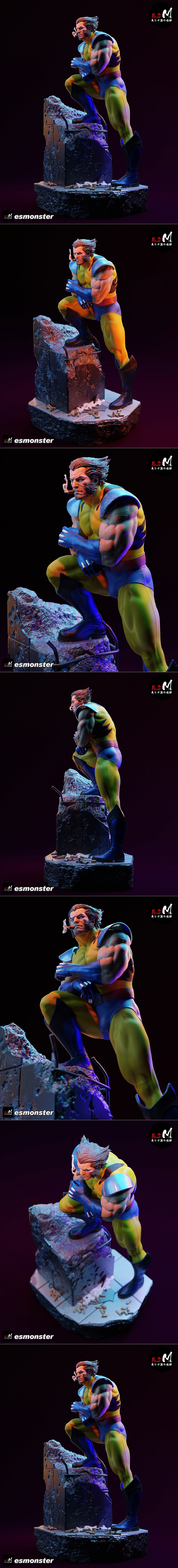 Wolverine 3D model figure in yellow and blue costume, cigar in mouth, standing on rubble base with bullet casings.