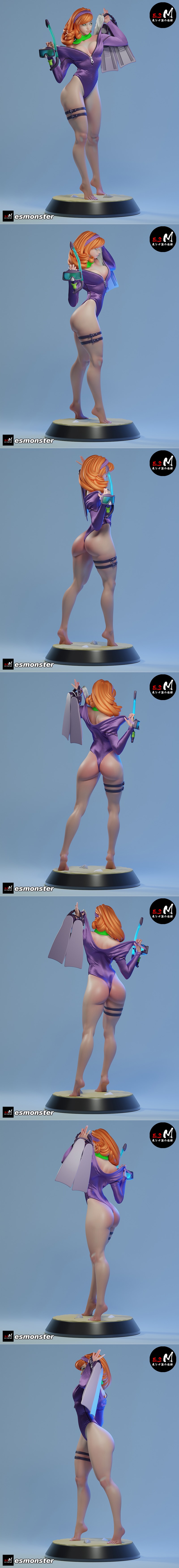 Daphne Blake 3D model in a purple diving suit, green scarf, and thigh straps, holding a diving tool, barefoot on a sa...
