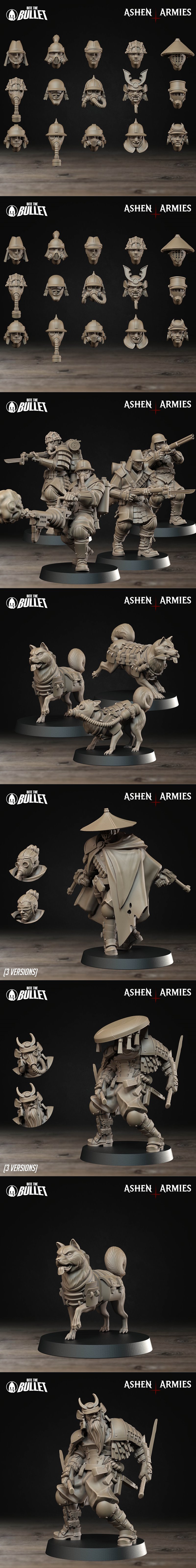 Collection of 3D printable miniatures from Bite the Bullet's Bullet Crusade, featuring samurai-inspired soldiers, mec...