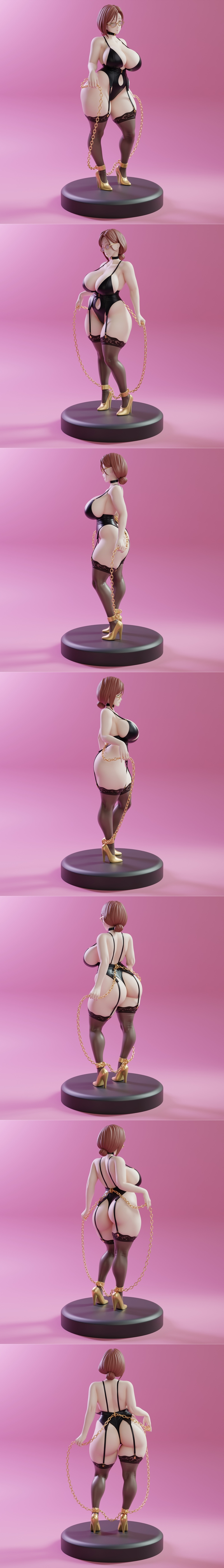 Stylized female figure in black lingerie, stockings, and gold heels, holding a gold chain. Anime-inspired art style,...