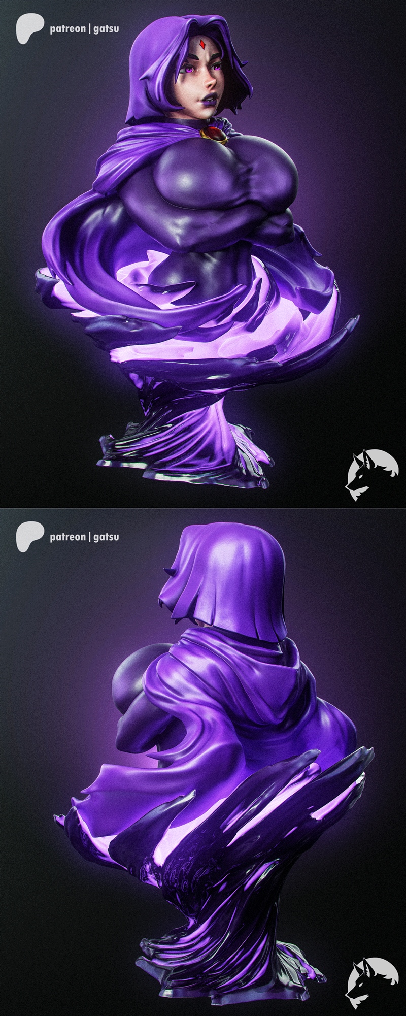 Gatsu Studios 3D printable bust of Raven from DC Comics, with purple cloak and glowing magical energy base.