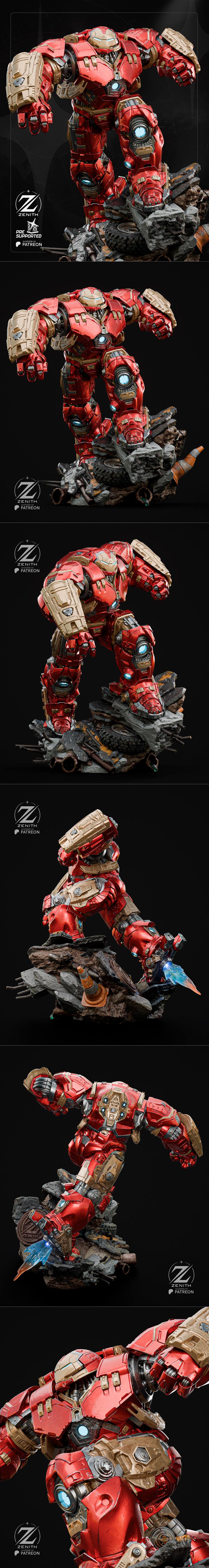 Hulkbuster armor, a massive red and gold mech suit with glowing blue lights, posed heroically on a rocky base. Zenith...
