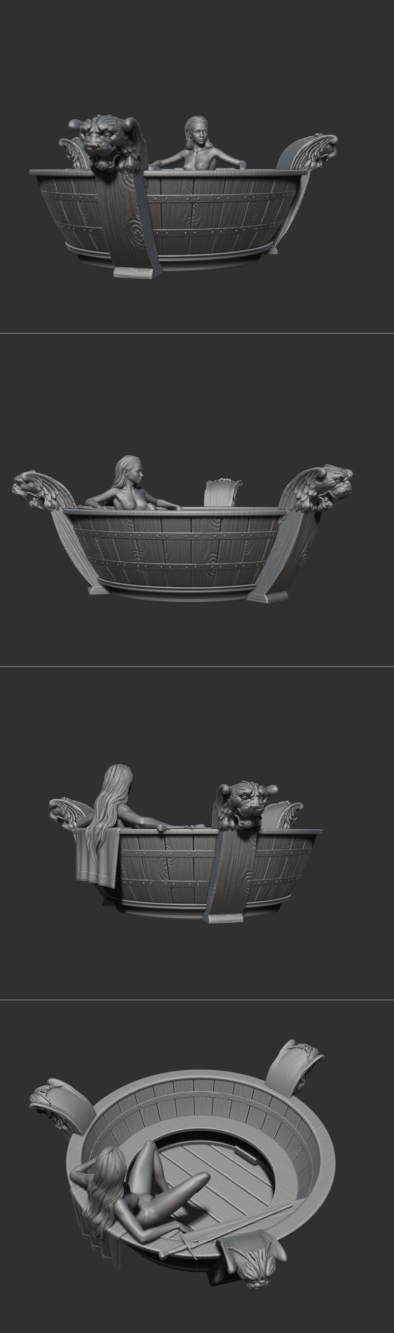 Nude woman reclining on a wooden bench, detailed sculpt with flowing hair, AID studio logo visible.