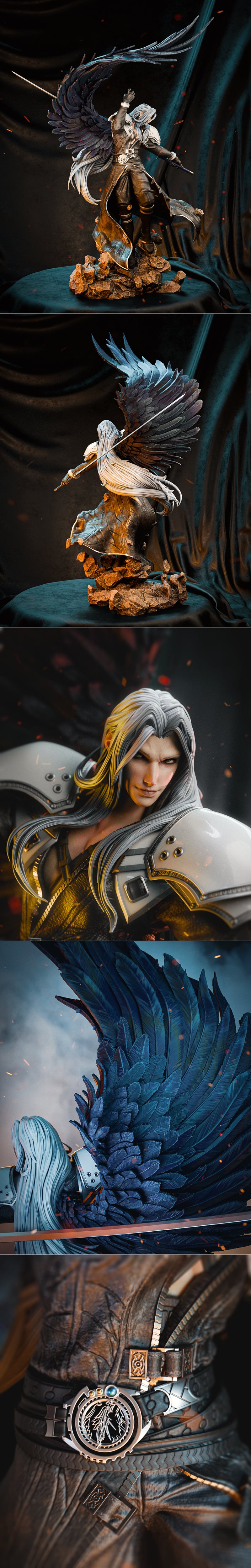 Sephiroth figure with large dark wings, wearing a long black coat and shoulder pauldrons, standing on a rocky base. M...