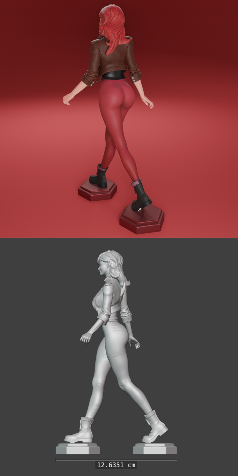 Mary Jane Watson 3D model with red hair, wearing a leather jacket over a t-shirt with a spider heart logo, red pants,...
