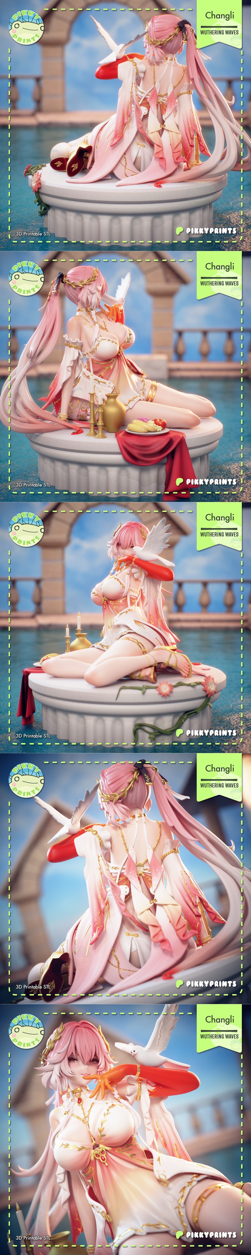 Pikky Prints 3D model of Changli from Wuthering Waves, reclining on a pedestal with a dove, wearing an ornate white a...