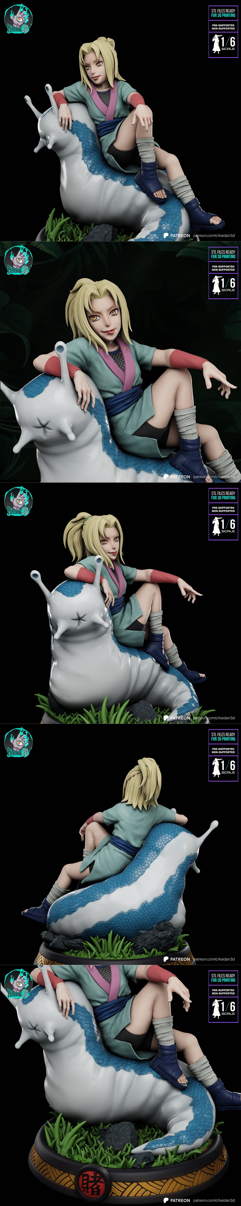 Young Tsunade from Naruto sitting on a large blue and white slug summon, wearing a teal outfit with pink trim and blu...