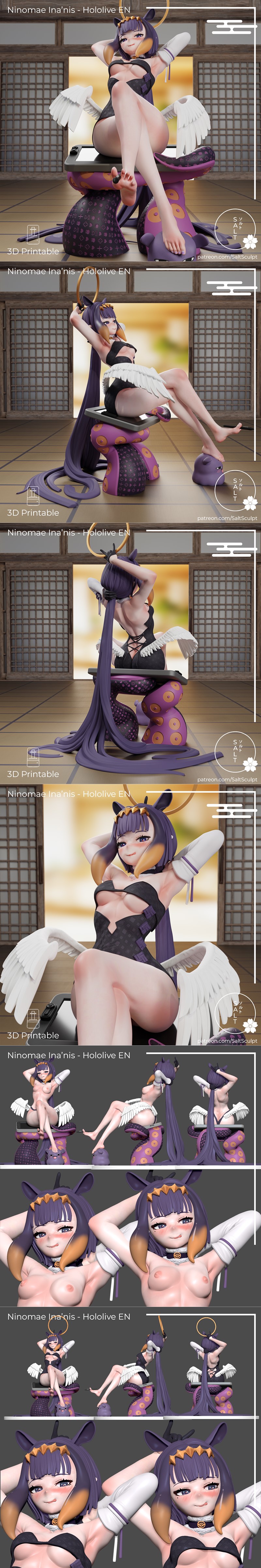 Ninomae Ina'nis Hololive EN 3D model figure, seated with hands behind head, wearing black outfit, white wings, and ha...