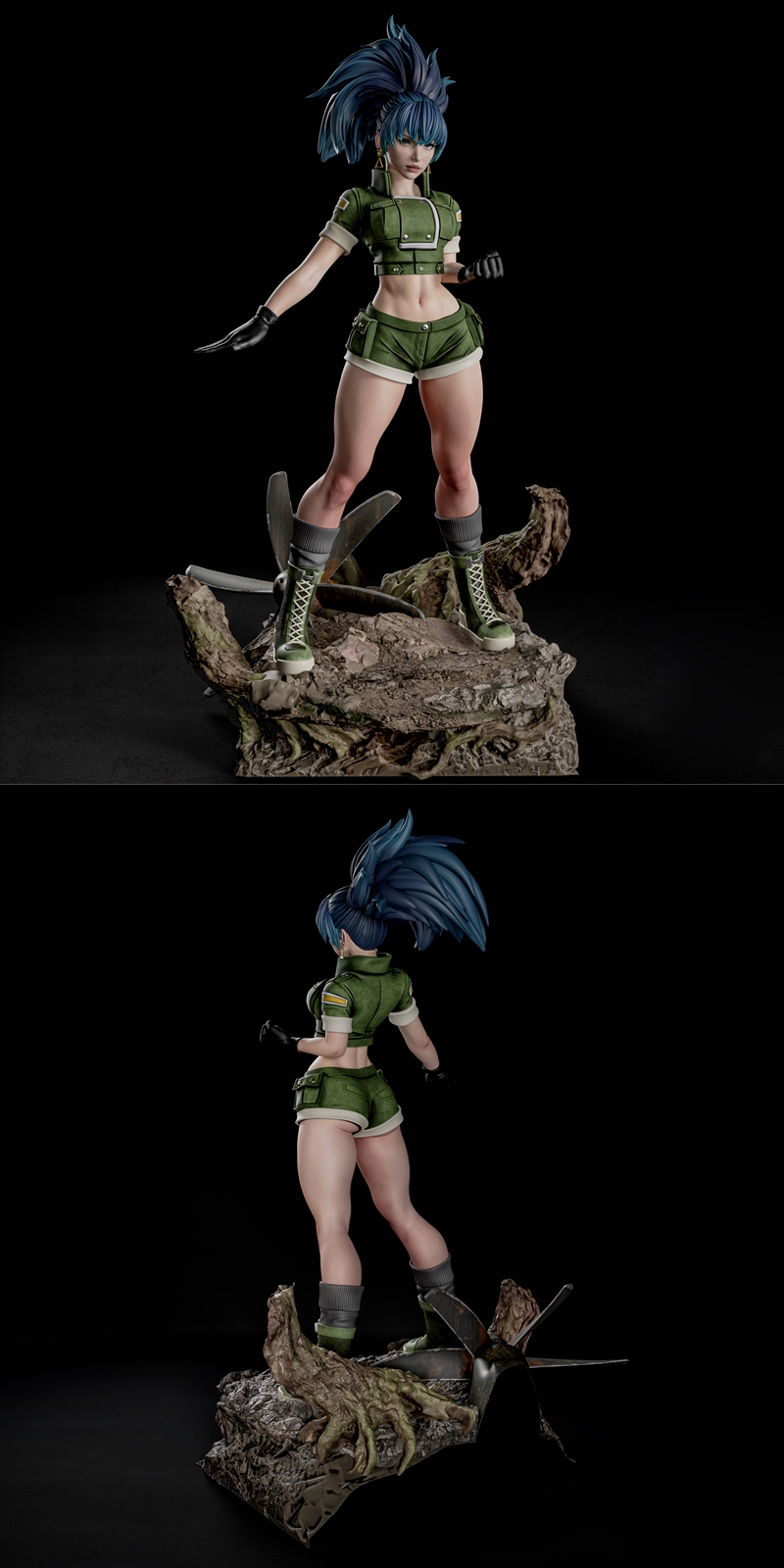Leona Heidern 3D model by Abe3D, wearing a green military outfit with shorts and boots, in an action pose on a detail...