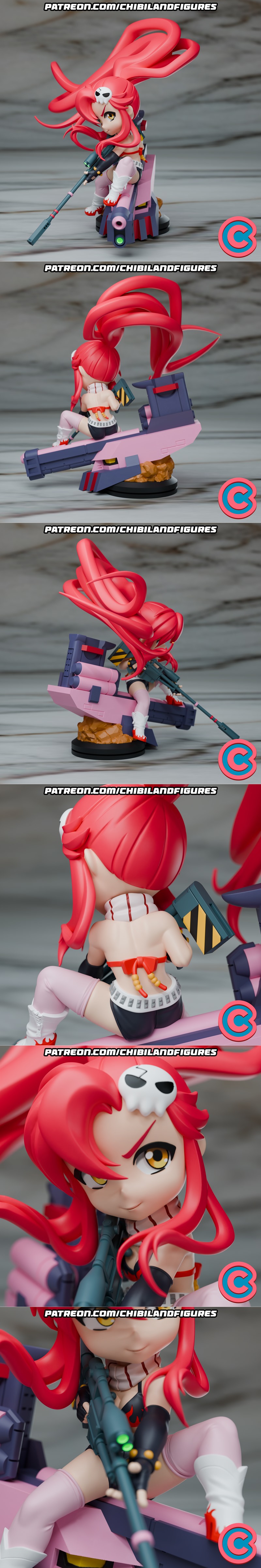 Chibi Yoko Littner from Gurren Lagann sitting on a mecha part, holding a rifle. She has long pink hair with a skull a...