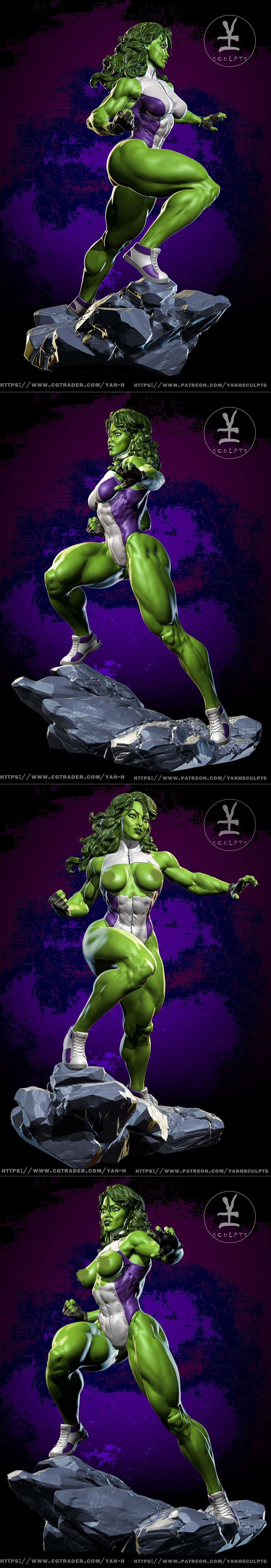 Muscular She-Hulk figure in a white and purple leotard and sneakers, posed heroically on a rock base. Detailed sculpt...