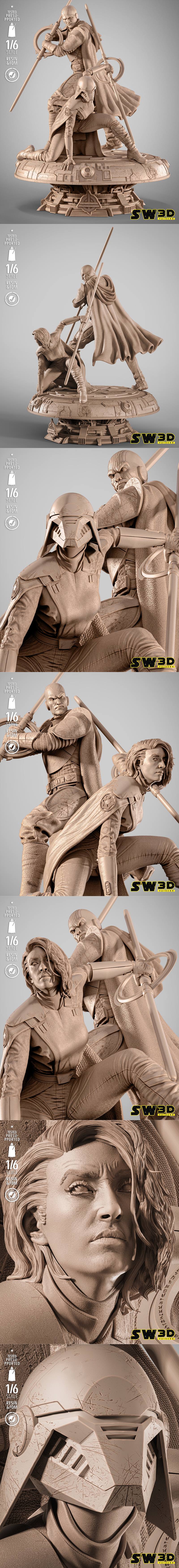 Gran Inquisitor and Second Sister from Star Wars in dynamic combat poses with red lightsabers, standing on an ornate...