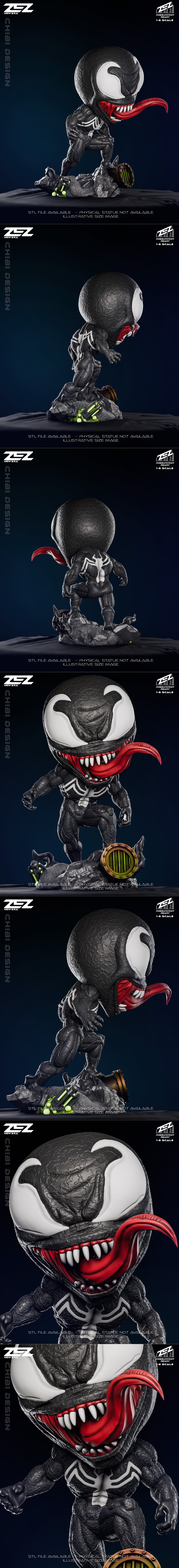 Chibi Venom figure with large white eyes, red mouth, sharp teeth, and long tongue, standing on a rocky base with a ci...