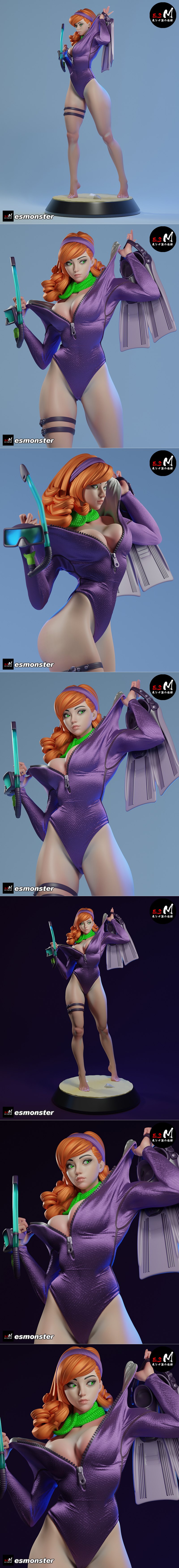 Daphne Blake 3D model in a purple diving suit, green scarf, and thigh straps, holding a diving tool, barefoot on a sa...