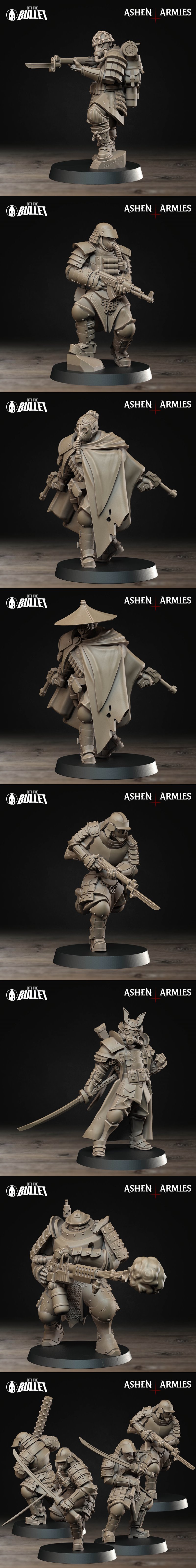 Collection of 3D printable miniatures from Bite the Bullet's Bullet Crusade, featuring samurai-inspired soldiers, mec...
