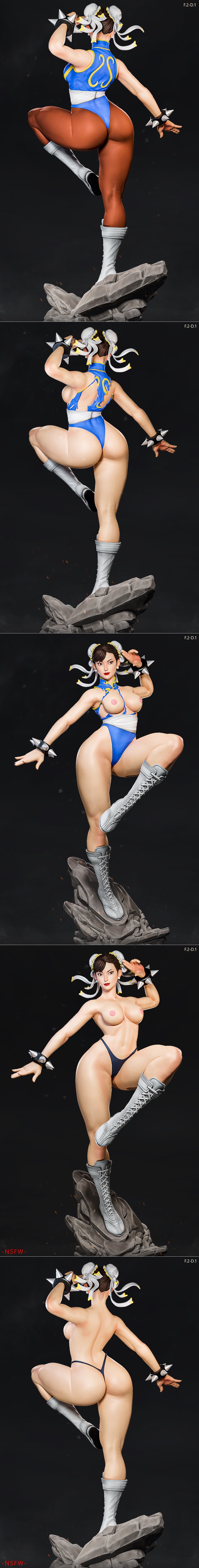Chun-Li figure in a dynamic combat pose, wearing a blue crop top and dark bikini, with spiked bracelets and tall lace...