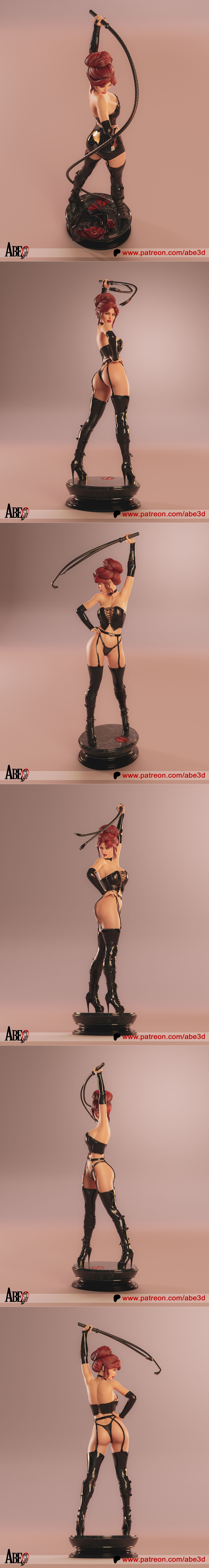 Jean Grey Black Queen 3D model by Abe3D, wearing a black latex outfit and thigh-high boots, holding a whip, posed sed...