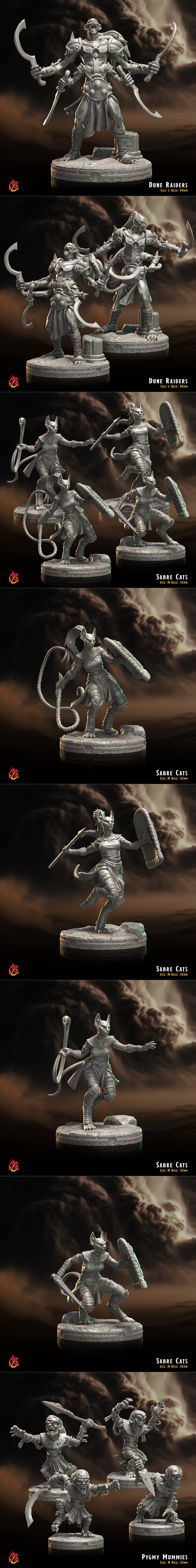 Collection of fantasy miniatures: a large central demon, hulking brutes with weapons, agile cat-like figures with whi...