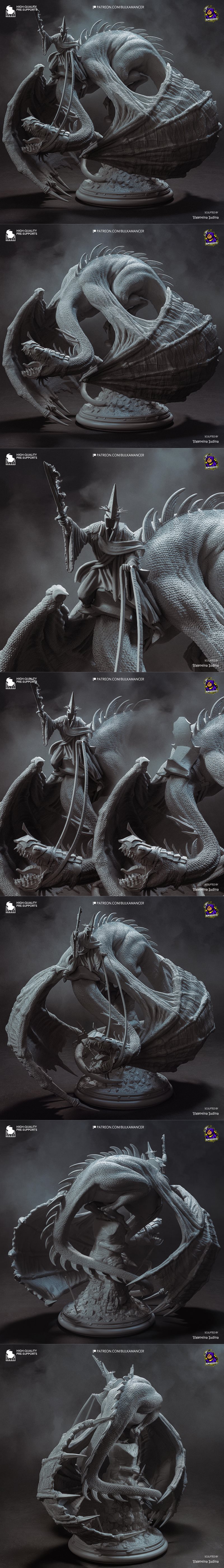Witch-King of Angmar riding a dragon, holding a flaming sword aloft. The figure wears dark armor and a spiked crown....