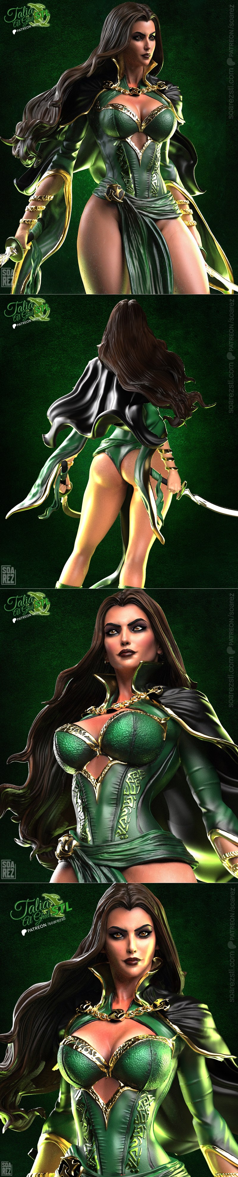 Talia Al Ghul 3D model by Soarez 3D, standing on a stone base with green mystical effects, holding two swords, wearin...