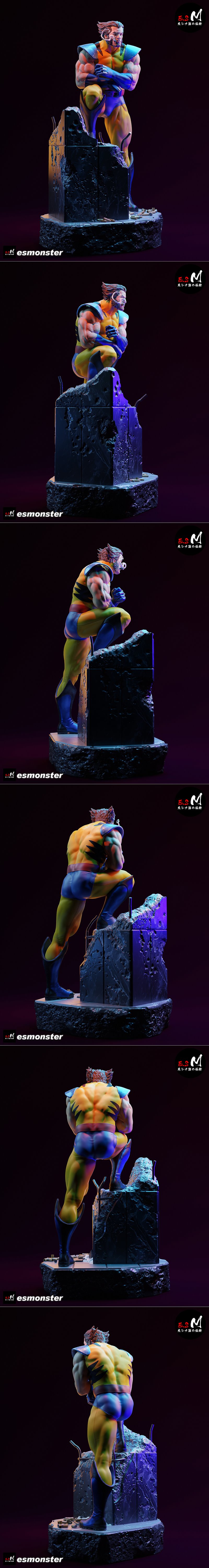 Wolverine 3D model figure in yellow and blue costume, cigar in mouth, standing on rubble base with bullet casings.