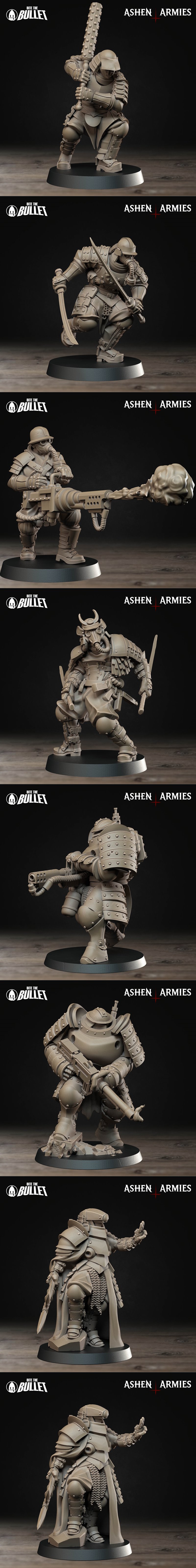 Collection of 3D printable miniatures from Bite the Bullet's Bullet Crusade, featuring samurai-inspired soldiers, mec...