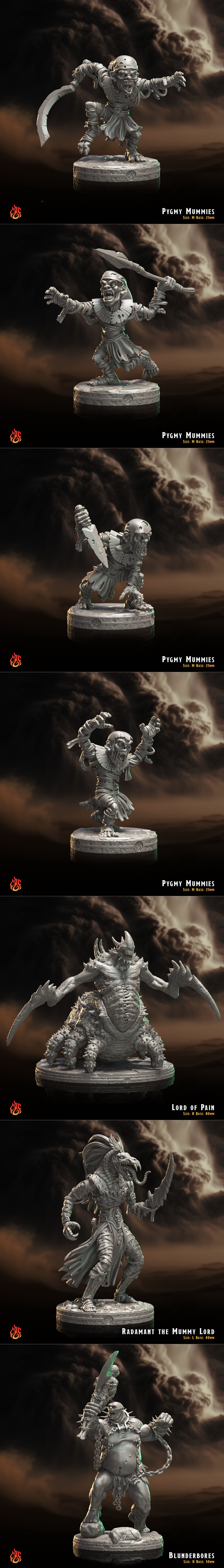 Collection of fantasy miniatures: a large central demon, hulking brutes with weapons, agile cat-like figures with whi...