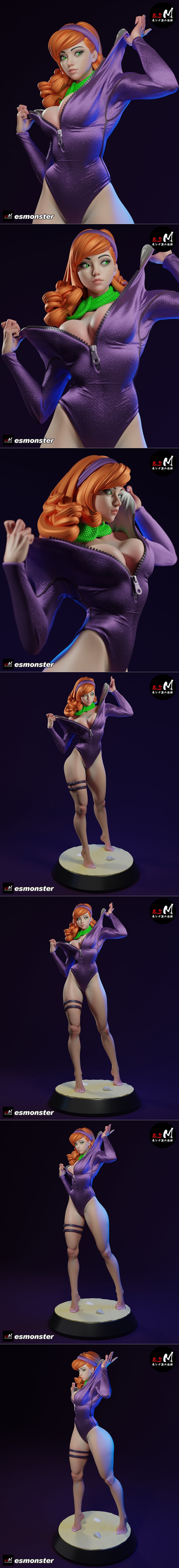 Daphne Blake 3D model in a purple diving suit, green scarf, and thigh straps, holding a diving tool, barefoot on a sa...