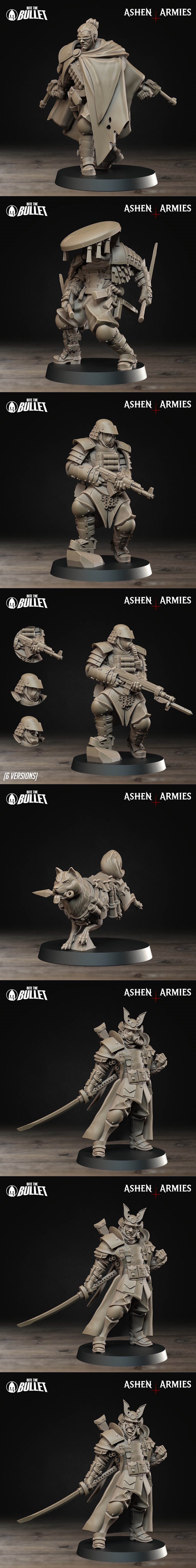 Collection of 3D printable miniatures from Bite the Bullet's Bullet Crusade, featuring samurai-inspired soldiers, mec...