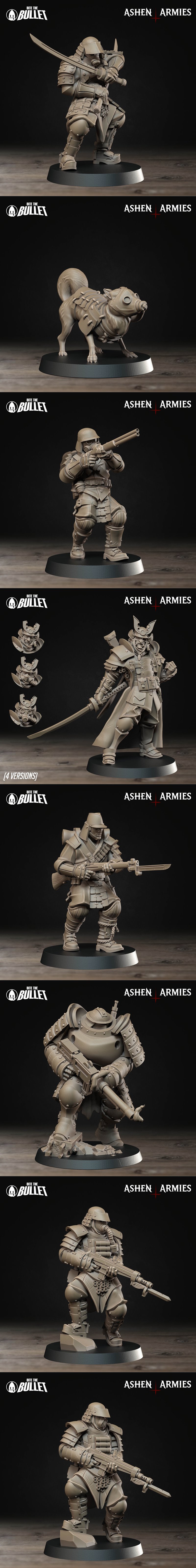 Collection of 3D printable miniatures from Bite the Bullet's Bullet Crusade, featuring samurai-inspired soldiers, mec...