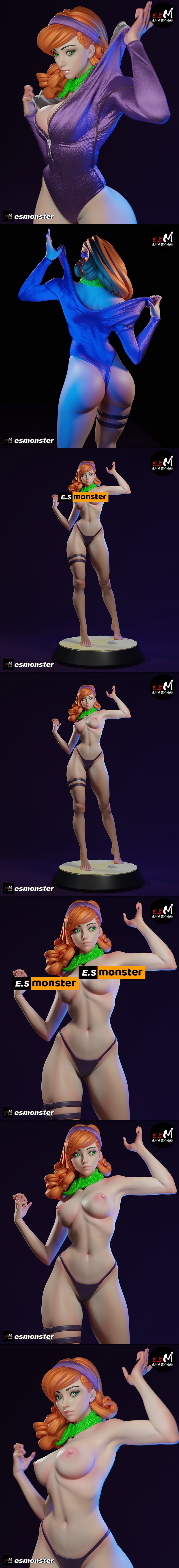 Daphne Blake 3D model in a purple diving suit, green scarf, and thigh straps, holding a diving tool, barefoot on a sa...