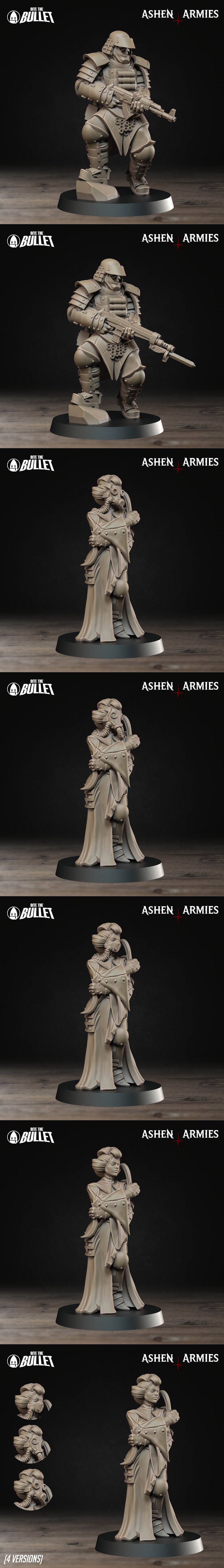 Collection of 3D printable miniatures from Bite the Bullet's Bullet Crusade, featuring samurai-inspired soldiers, mec...