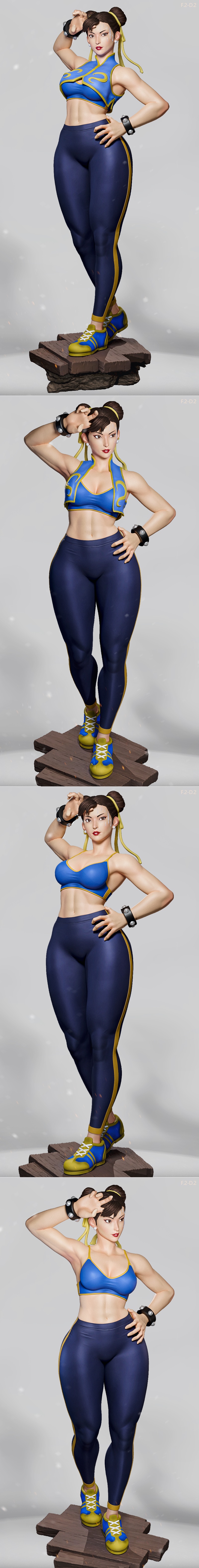 Chun-Li figure in blue and yellow athletic wear, standing on a wooden platform, hands on hips, with hair in twin buns.