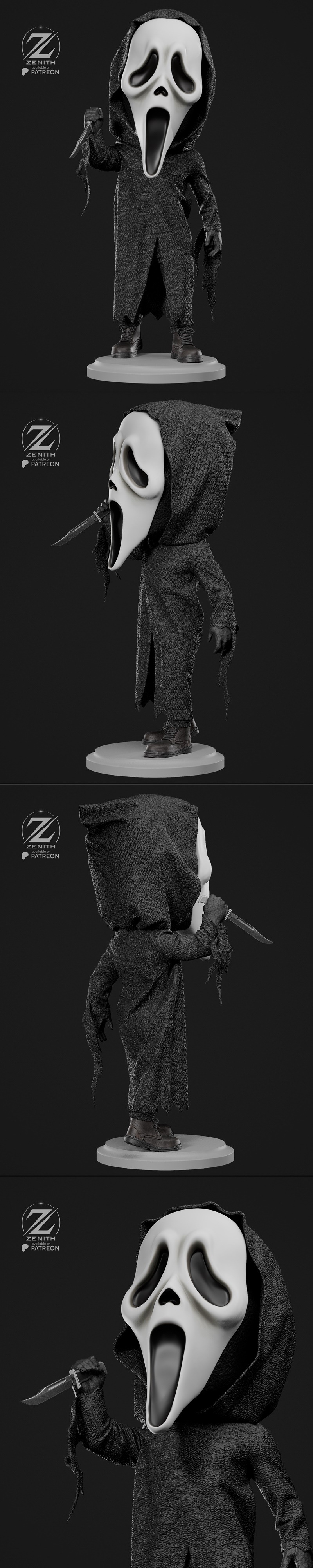 Zenith Studios Ghostface ZCF 3D model figure, wearing a black hooded robe and white mask, holding a knife.