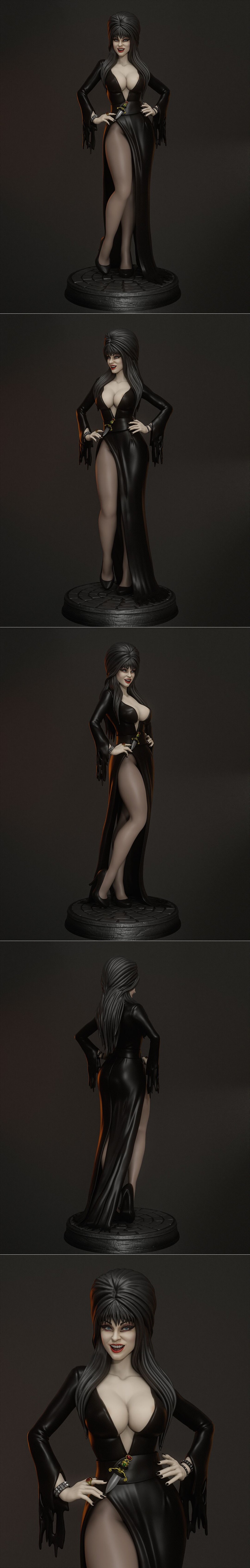 Elvira, Mistress of the Dark, a 3D model figure by Abe3D, wearing a black gown with a deep V-neck and high slit, hold...