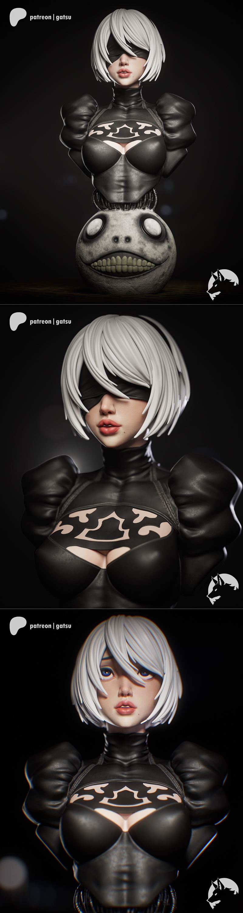 Bust of 2B from Nier: Automata by Gatsu Studios, featuring white hair, blue eyes, and a black outfit, posed on top of...