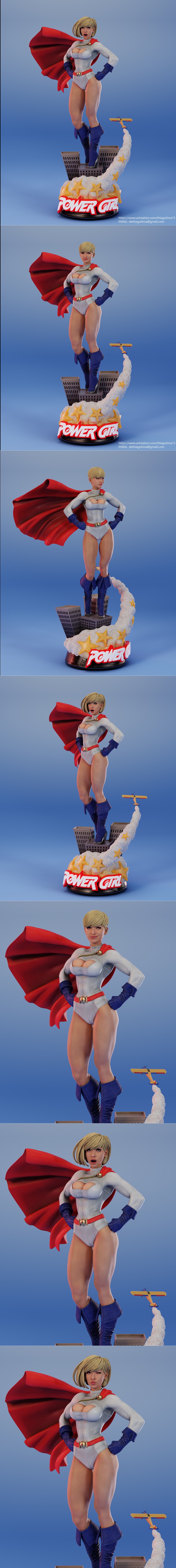 Power Girl 3D model figure by E.S Monster, standing heroically on a cityscape base with a red cape, white costume, bl...