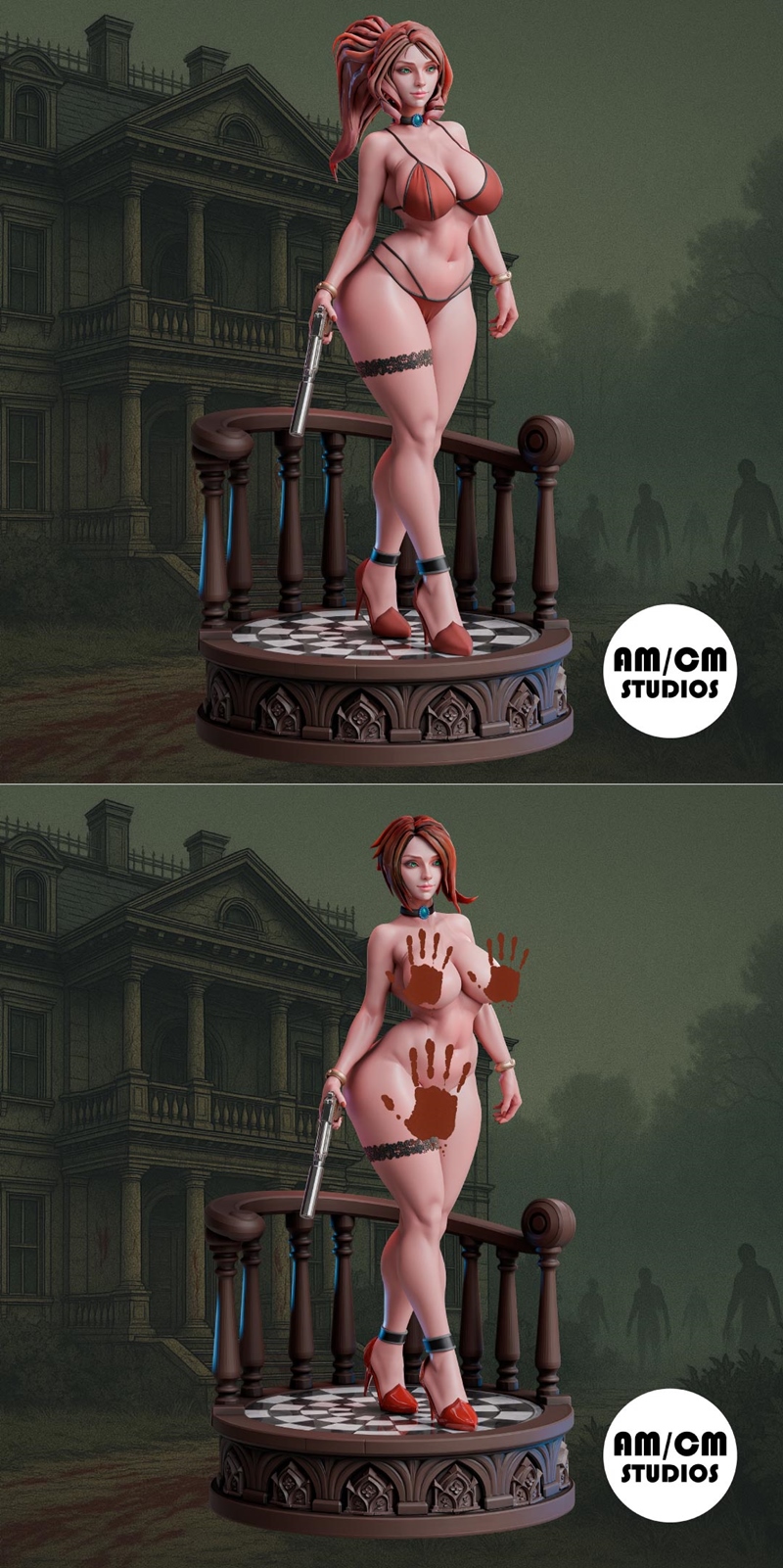 Nina Reaper 3D model by AMCM Studios, a woman in a red gown holding a gun, standing on a gothic base with zombie hand...
