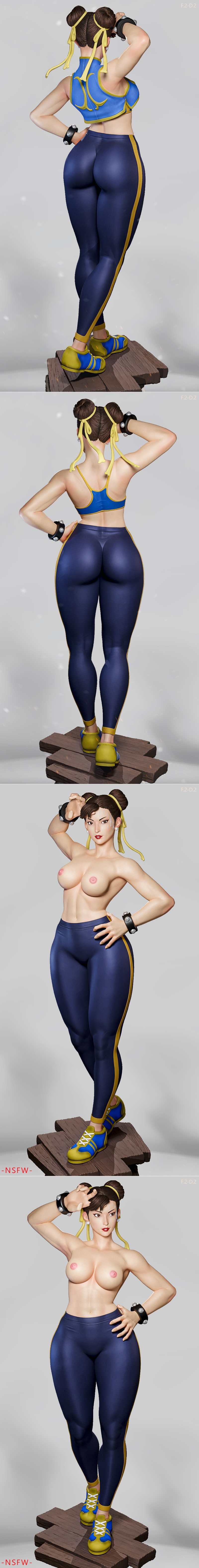 Chun-Li figure in blue and yellow athletic wear, standing on a wooden platform, hands on hips, with hair in twin buns.