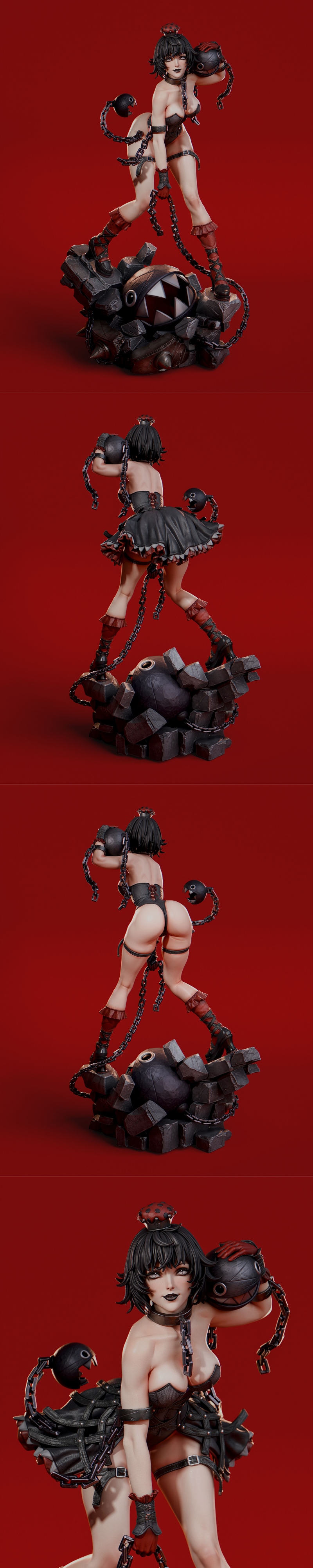 Abe3D Chompette 3D model figure, gothic style, wearing revealing black outfit and thigh-high boots, holding a chain,...