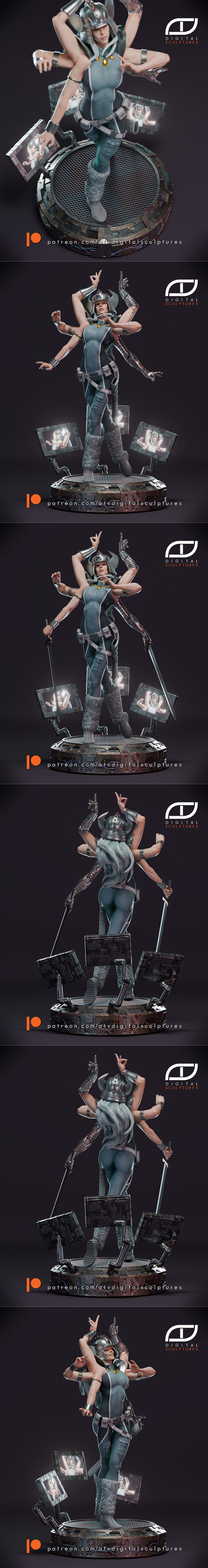 ATV Digital Sculptures 3D model of Spiral, a multi-armed cyborg character from X-Men, standing on a detailed sci-fi b...