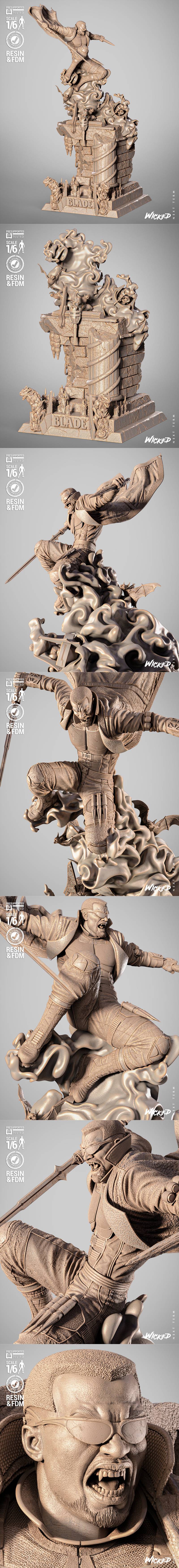 Blade the vampire hunter in a dynamic leaping pose, holding a sword and dagger, atop a stone monument with candles an...