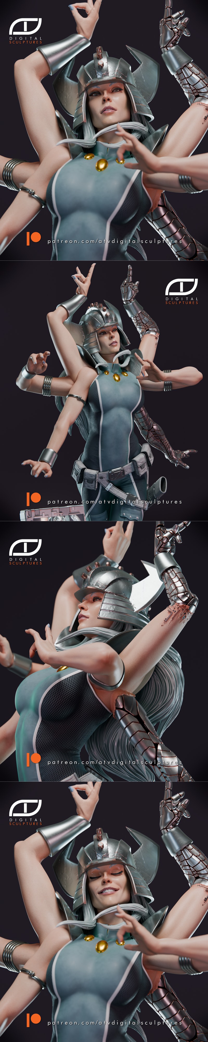 ATV Digital Sculptures 3D model of Spiral, a multi-armed cyborg character from X-Men, standing on a detailed sci-fi b...