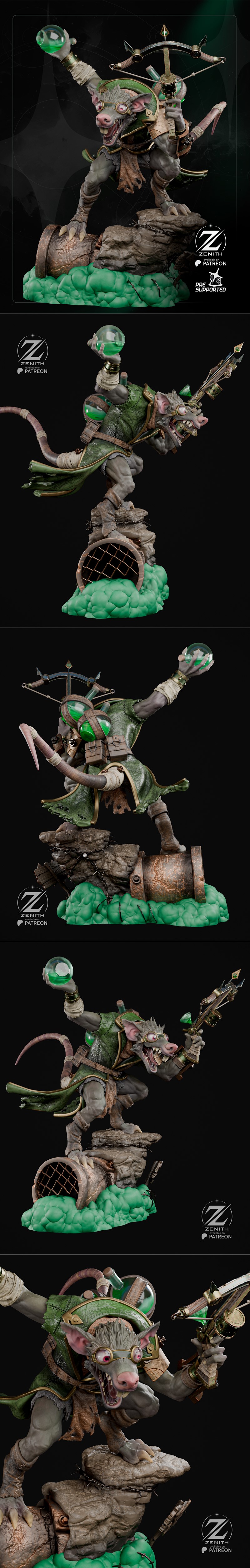Zenith Studios 3D model of Twitch from League of Legends, a mutated rat creature with goggles, tattered clothes, and...