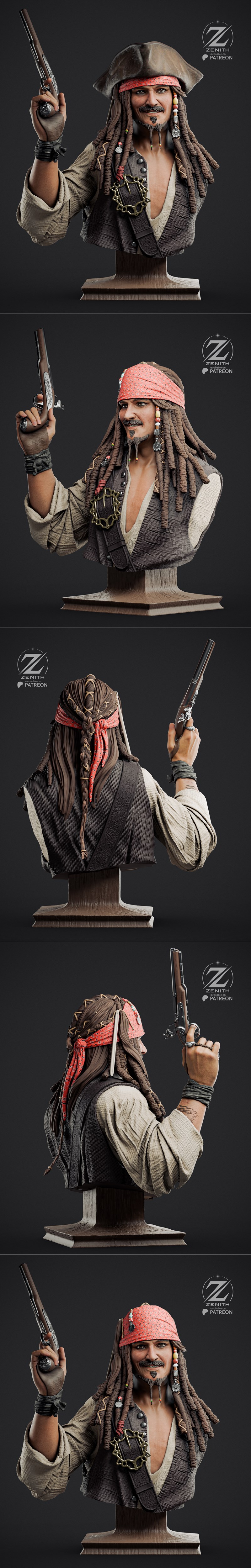Bust of Captain Jack Sparrow from Pirates of the Caribbean, holding a flintlock pistol, wearing a red bandana and dre...